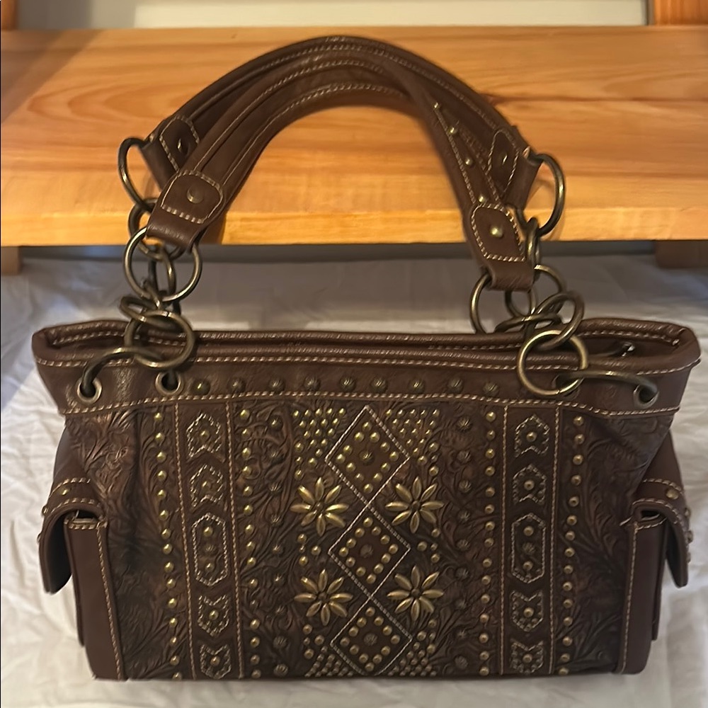 Montana West Brown Shoulder Bag with Studded Embroidery CARRY POCKET.